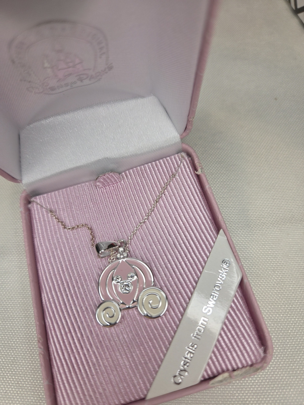 Disney Pink and Silver Carriage Pendant Necklace With Crystals From Swarovski